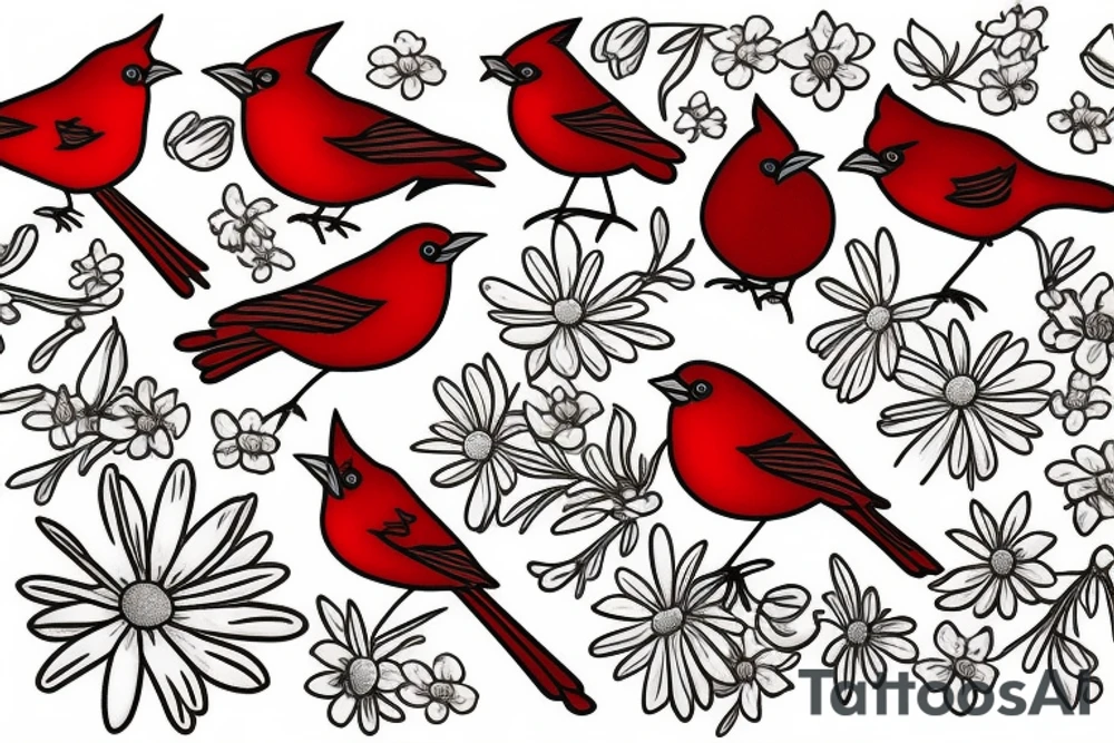 Robin and cardinal with daisies tattoo idea