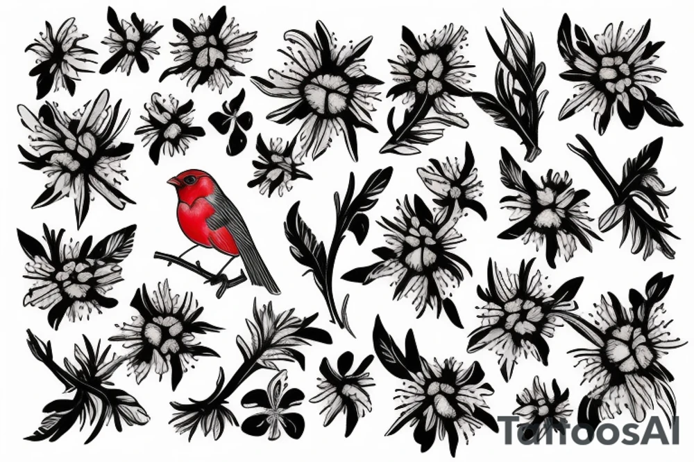 Robin and cardinal with daisies tattoo idea
