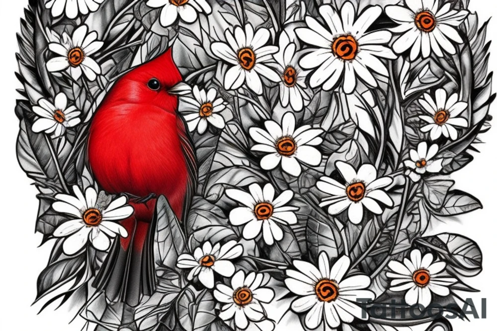 Robin and cardinal with daisies tattoo idea