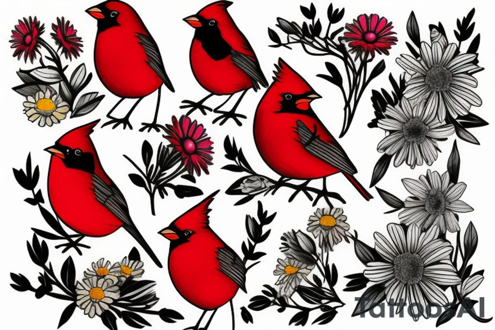 Robin and cardinal with daisies tattoo idea