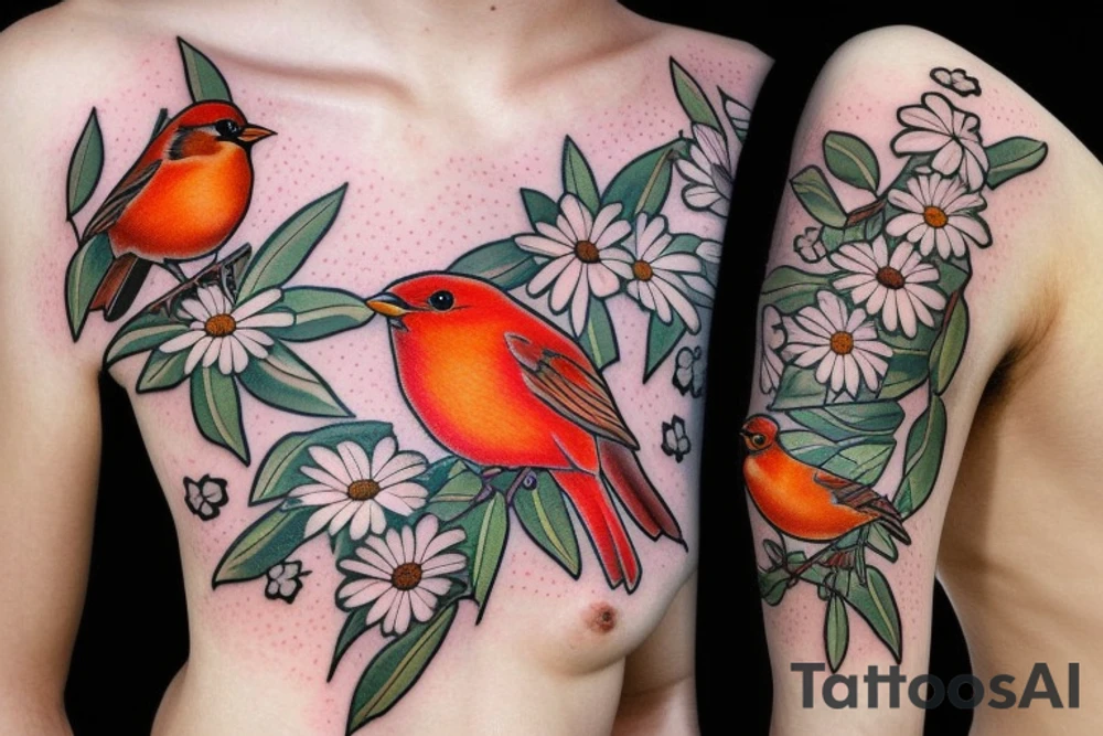 Robin and cardinal with daisies tattoo idea
