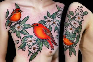 Robin and cardinal with daisies tattoo idea