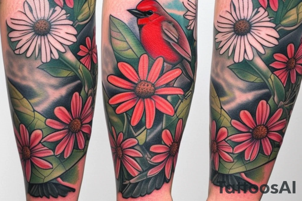 Robin and cardinal with daisies tattoo idea