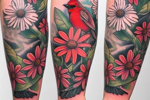 Robin and cardinal with daisies tattoo idea