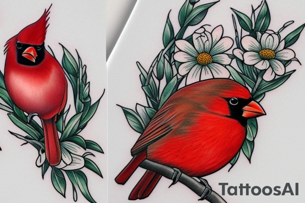 Cardinal and Robin with daisies tattoo idea