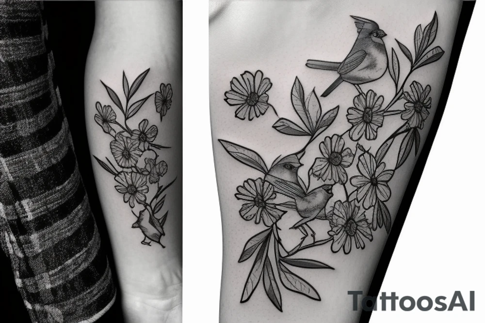 Cardinal and Robin with daisies tattoo idea