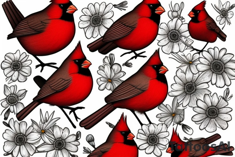 Cardinal and Robin with daisies tattoo idea