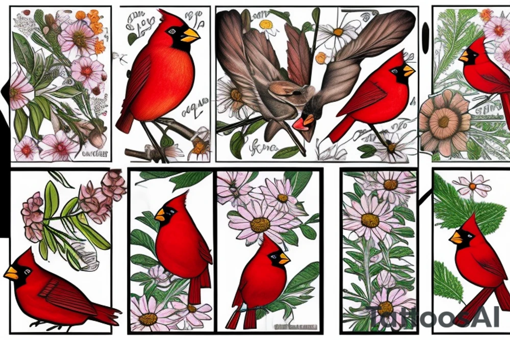 Cardinal and Robin with daisies tattoo idea