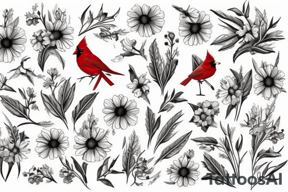 Cardinal and Robin with daisies tattoo idea