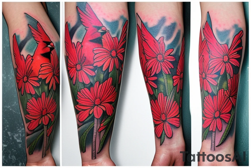 Cardinal and Robin with daisies tattoo idea