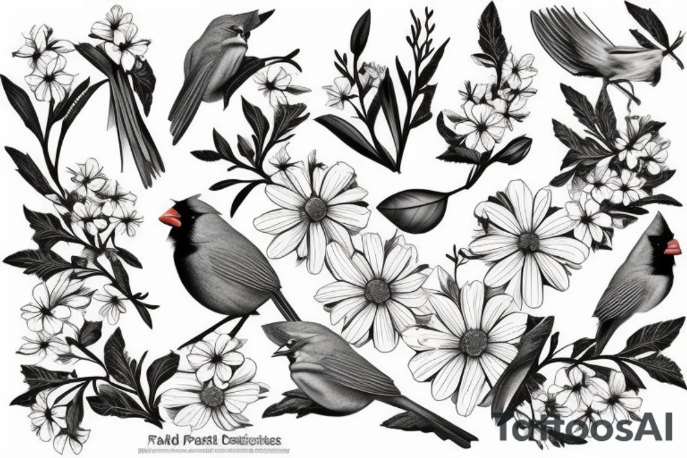 Cardinal and Robin with daisies tattoo idea
