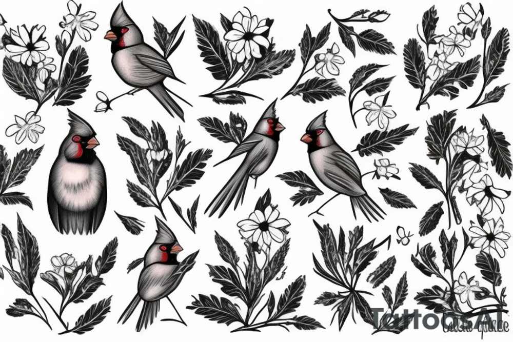 Cardinal and Robin with daisies tattoo idea