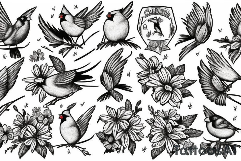 Cardinal and Robin with daisies tattoo idea