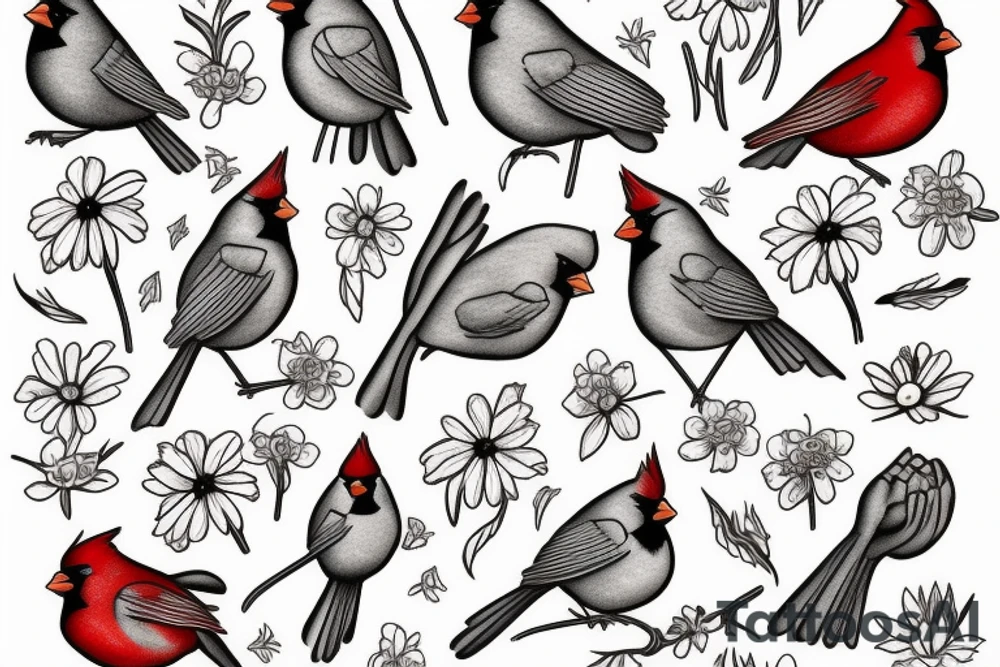 Cardinal and Robin with daisies tattoo idea