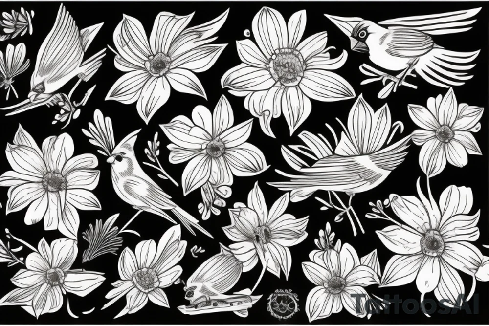 Cardinal and Robin with daisies tattoo idea