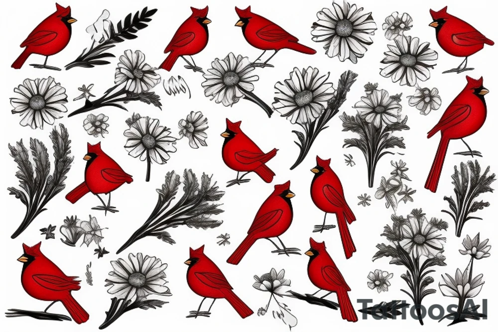 Cardinal and Robin with daisies tattoo idea