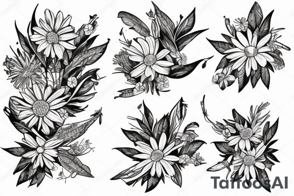 Female cardinal with daisies tattoo idea