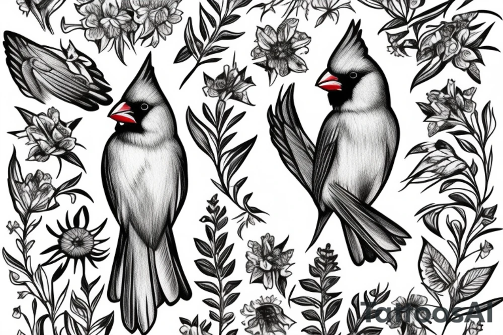 Female cardinal with daisies tattoo idea