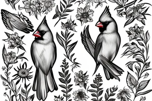 Female cardinal with daisies tattoo idea