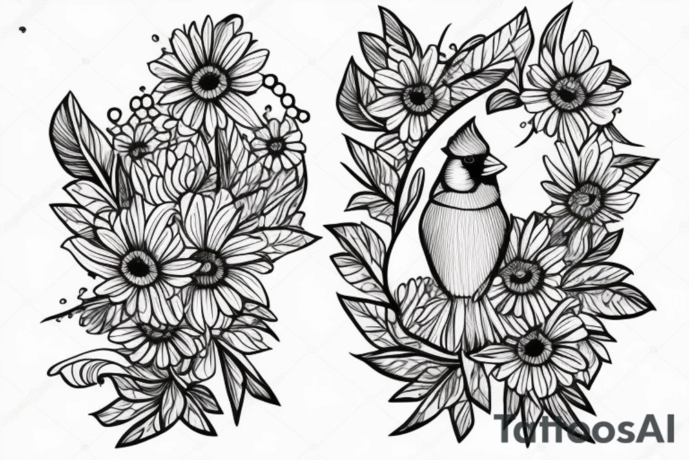 Female cardinal with daisies tattoo idea