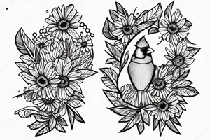 Female cardinal with daisies tattoo idea
