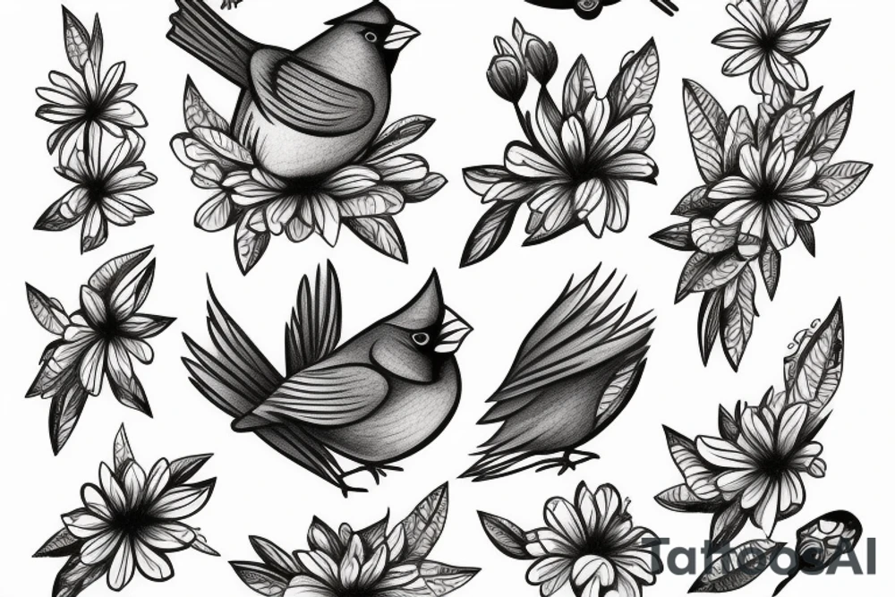 Female cardinal with daisies tattoo idea
