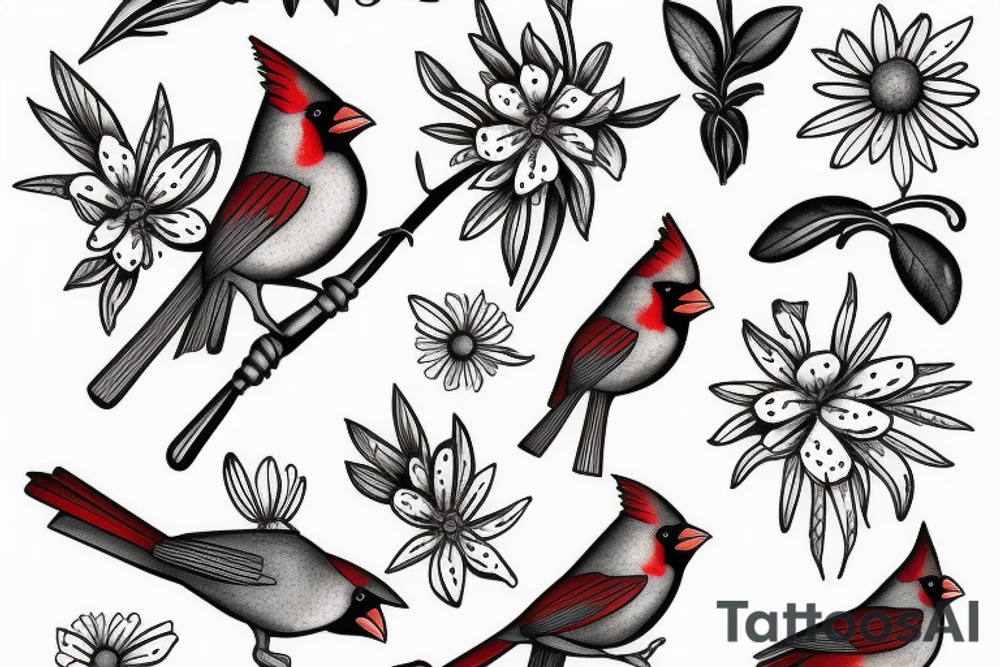 Female cardinal with daisies tattoo idea