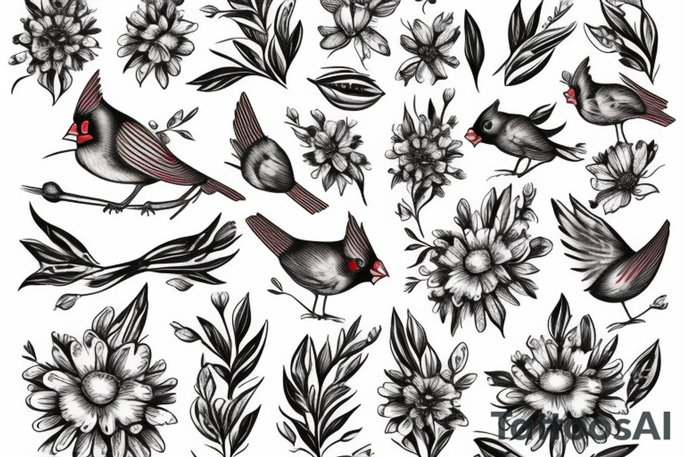 Female cardinal with daisies tattoo idea