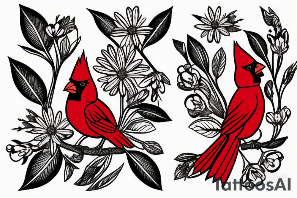 Female cardinal with daisies tattoo idea
