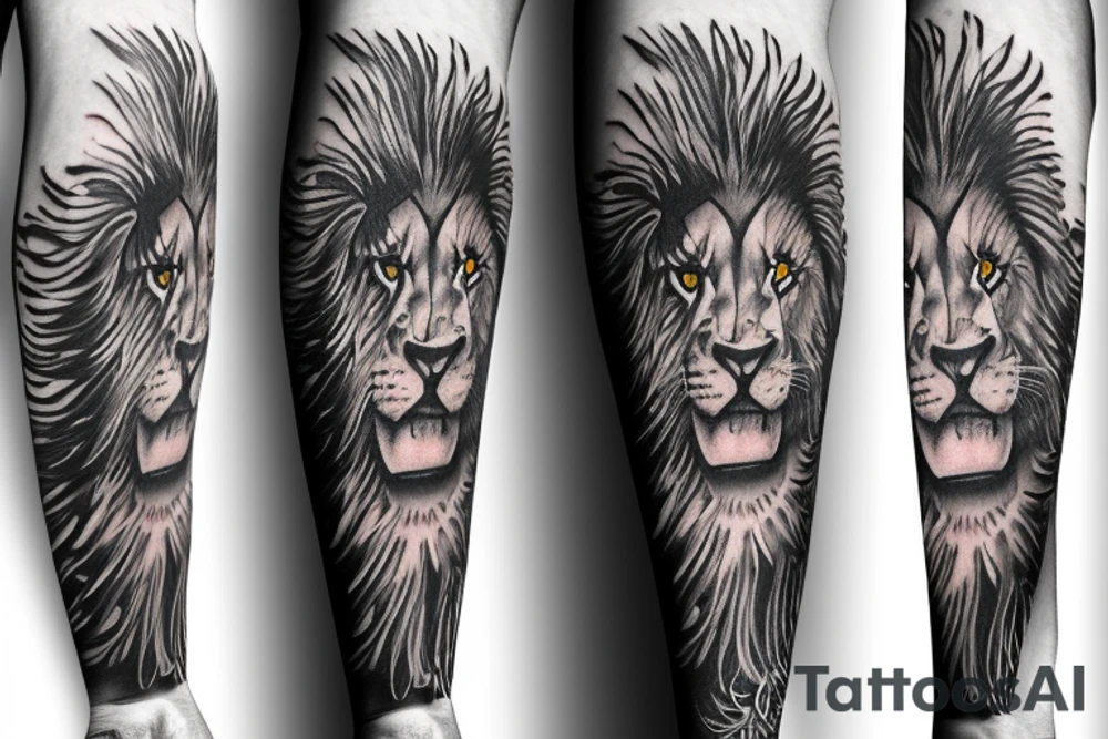 Trash polka style sleeve with lion geometric pieves brush storkes tattoo idea