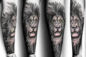 Trash polka style sleeve with lion geometric pieves brush storkes tattoo idea