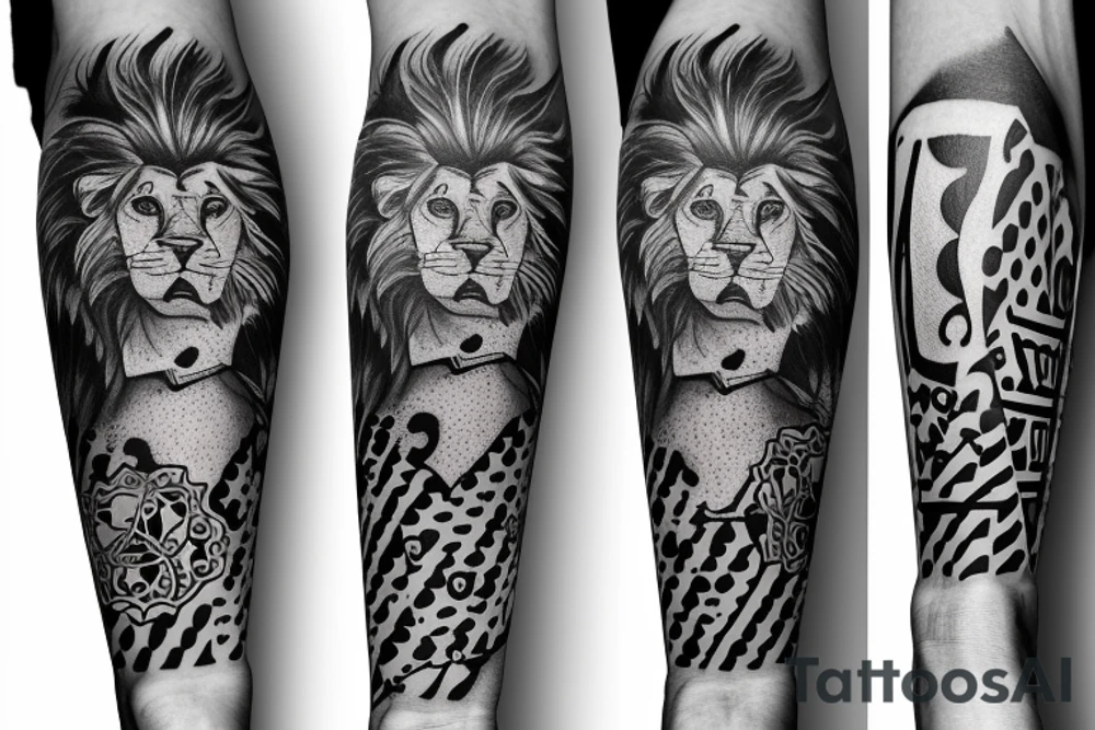 Trash polka style sleeve with lion geometric pieves brush storkes tattoo idea