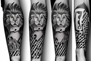 Trash polka style sleeve with lion geometric pieves brush storkes tattoo idea