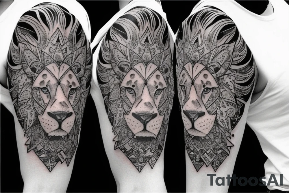Trash polka style sleeve with lion geometric pieces brush storkes on the shoulder tattoo idea