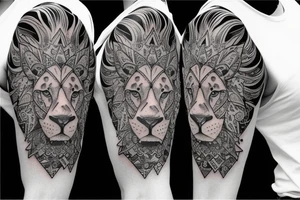 Trash polka style sleeve with lion geometric pieces brush storkes on the shoulder tattoo idea