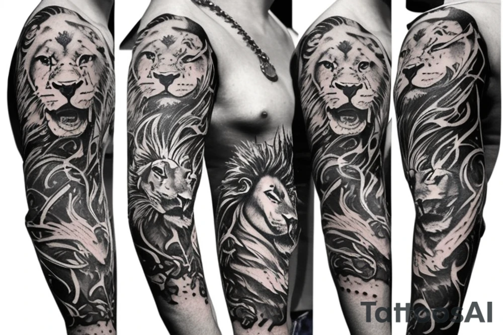 Trash polka style sleeve with lion geometric pieces brush storkes on the shoulder tattoo idea