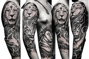 Trash polka style sleeve with lion geometric pieces brush storkes on the shoulder tattoo idea