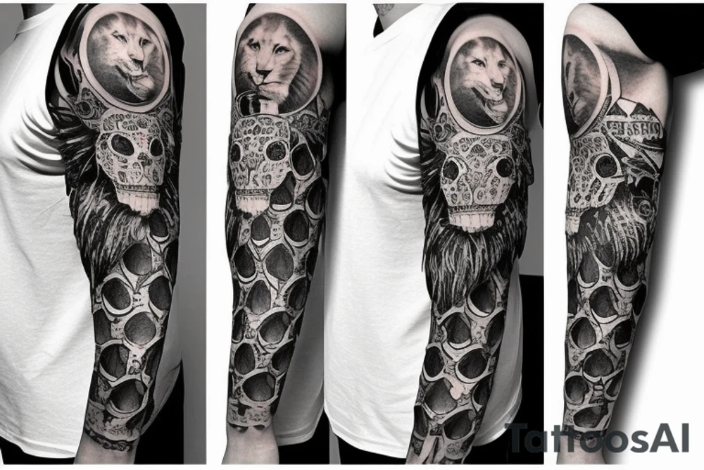 Trash polka style sleeve with lion skull 
geometric pieces brush storkes on the shoulder tattoo idea