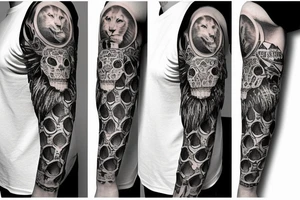 Trash polka style sleeve with lion skull 
geometric pieces brush storkes on the shoulder tattoo idea