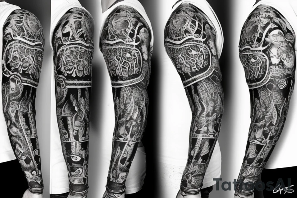 Trash polka style sleeve with lion skull
geometric pieces brush storkes on the shoulder tattoo idea