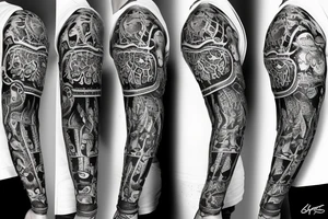 Trash polka style sleeve with lion skull 
geometric pieces brush storkes on the shoulder tattoo idea