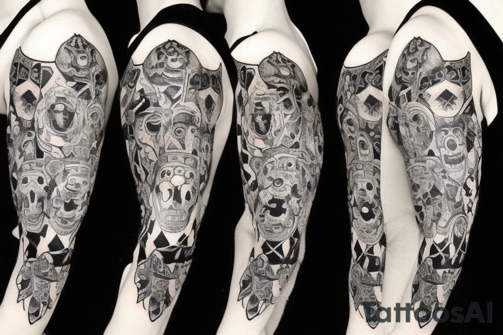Trash polka style sleeve with lion skull
geometric pieces brush storkes on the shoulder tattoo idea