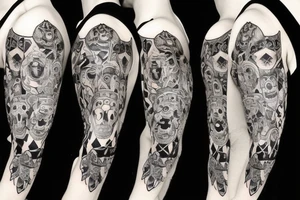 Trash polka style sleeve with lion skull 
geometric pieces brush storkes on the shoulder tattoo idea