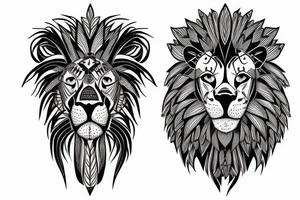 Trash polka style sleeve with lion skull 
geometric pieces brush storkes on the shoulder tattoo idea
