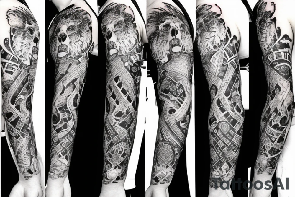Trash polka style sleeve with lion skull
geometric pieces brush storkes on the shoulder tattoo idea
