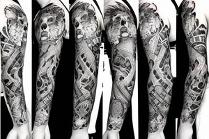Trash polka style sleeve with lion skull 
geometric pieces brush storkes on the shoulder tattoo idea