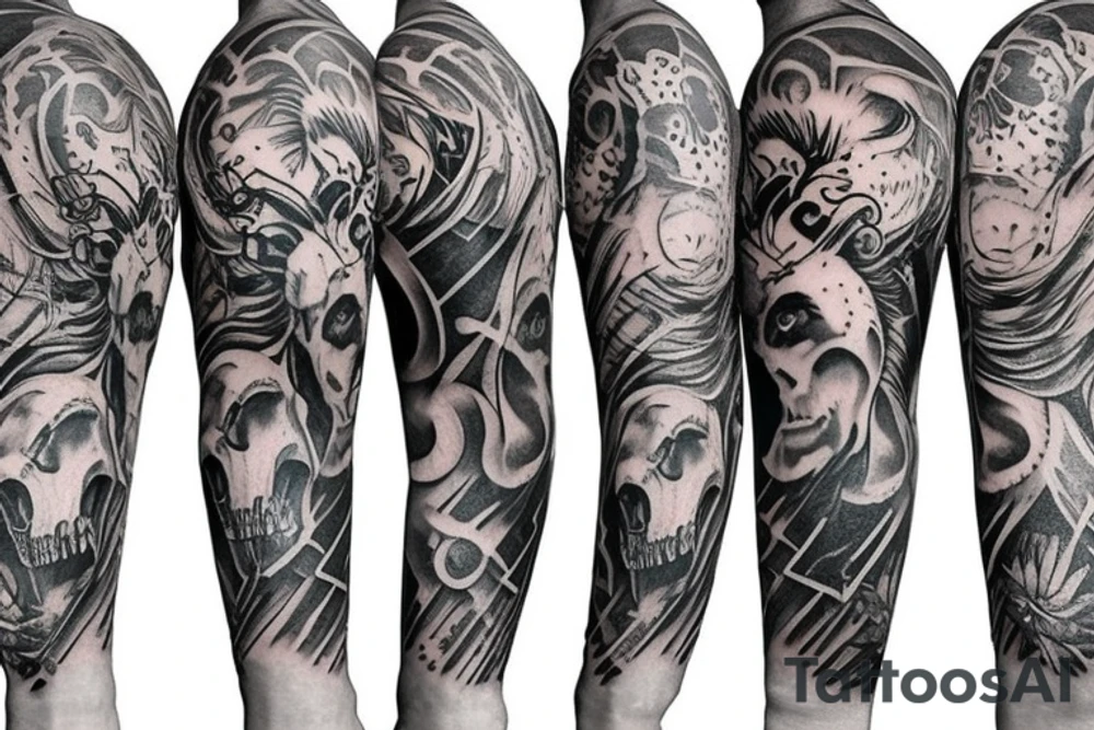 Trash polka style sleeve with lion skull
geometric pieces brush storkes on the shoulder tattoo idea