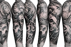 Trash polka style sleeve with lion skull 
geometric pieces brush storkes on the shoulder tattoo idea