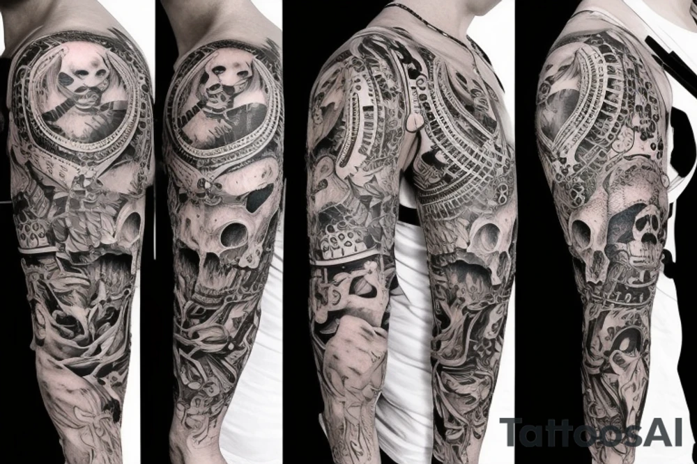 Trash polka style sleeve with lion skull 
geometric pieces brush storkes on the shoulder tattoo idea