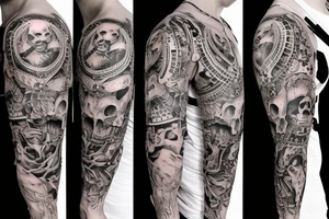 Trash polka style sleeve with lion skull 
geometric pieces brush storkes on the shoulder tattoo idea